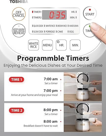 Toshiba Mini Rice Cooker, 3 Cups Uncooked Small Rice Cooker, Steamer &amp; Warmer, With Fuzzy Logic And One-Touch Cooking, 24 Hour Delay Timer And Auto Keep Warm Feature