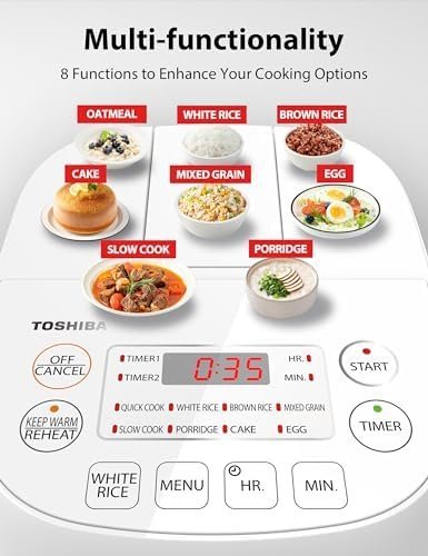 Toshiba Mini Rice Cooker, 3 Cups Uncooked Small Rice Cooker, Steamer &amp; Warmer, With Fuzzy Logic And One-Touch Cooking, 24 Hour Delay Timer And Auto Keep Warm Feature